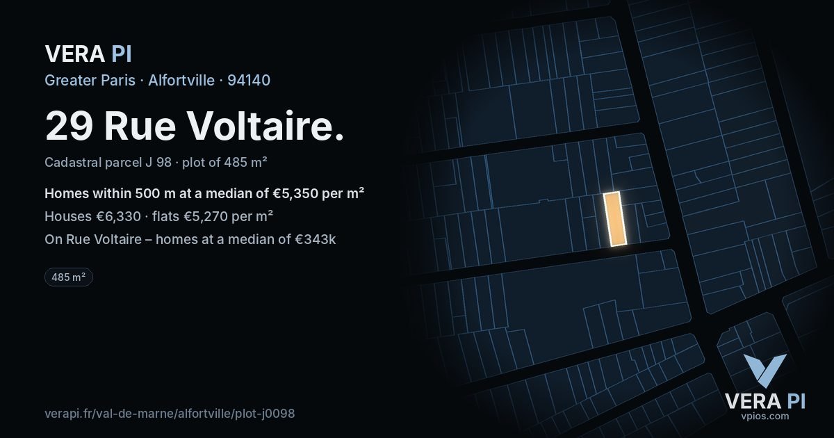 29 Rue Voltaire, Alfortville at night – the plot lit, the parcels around coloured by the prices near them