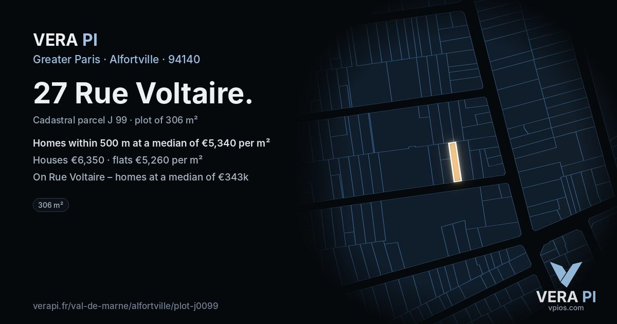 27 Rue Voltaire, Alfortville at night – the plot lit, the parcels around coloured by the prices near them
