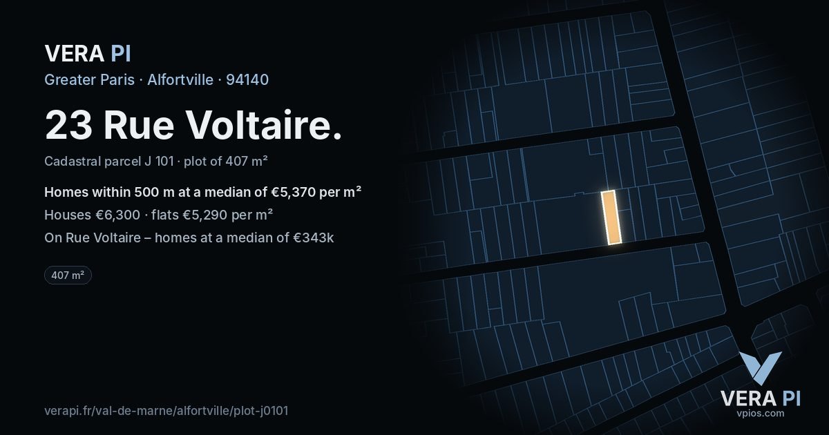 23 Rue Voltaire, Alfortville at night – the plot lit, the parcels around coloured by the prices near them