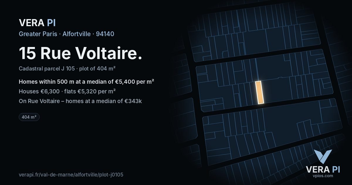 15 Rue Voltaire, Alfortville at night – the plot lit, the parcels around coloured by the prices near them