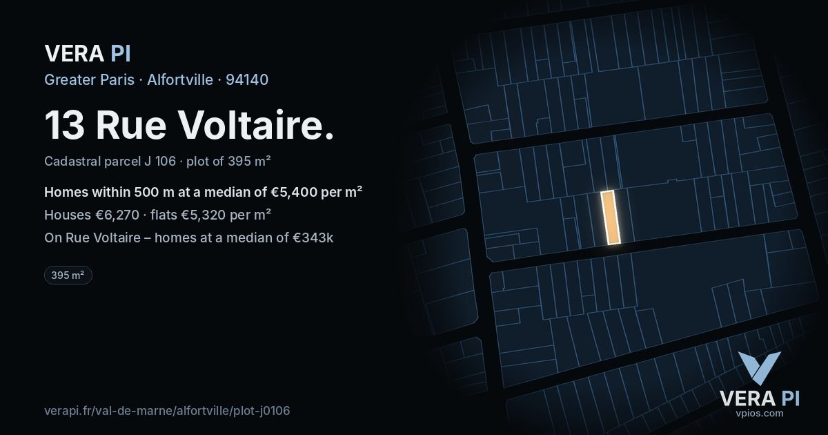 13 Rue Voltaire, Alfortville at night – the plot lit, the parcels around coloured by the prices near them