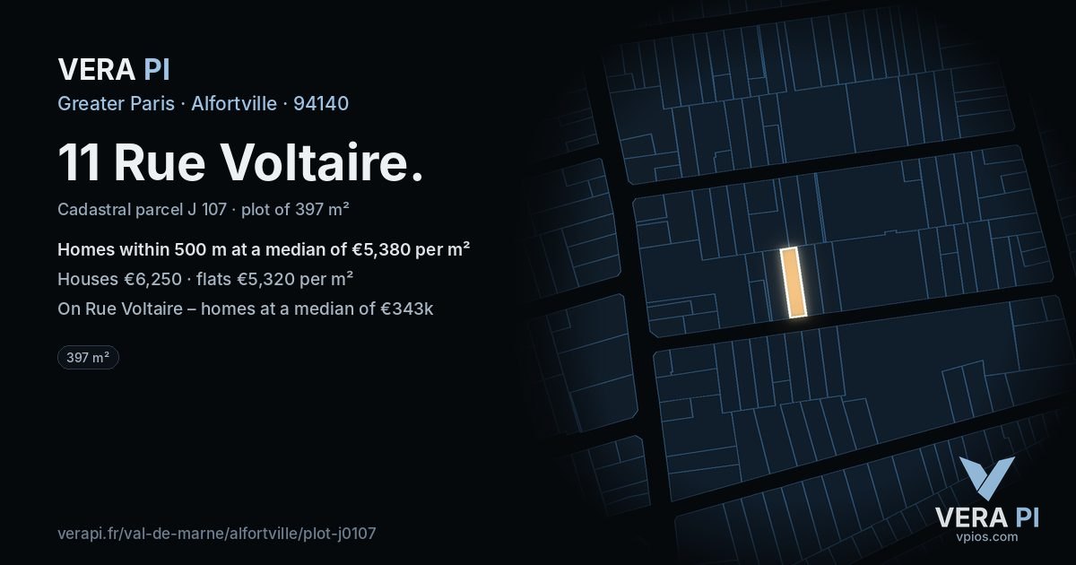 11 Rue Voltaire, Alfortville at night – the plot lit, the parcels around coloured by the prices near them