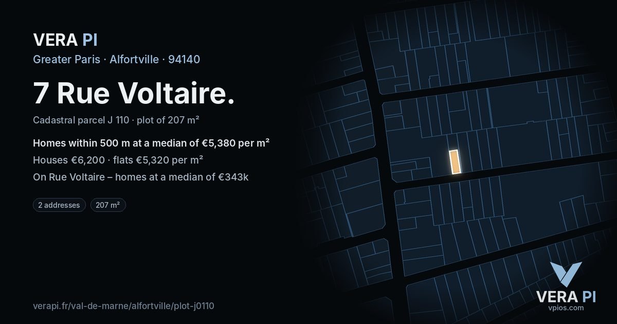 7 Rue Voltaire, Alfortville at night – the plot lit, the parcels around coloured by the prices near them