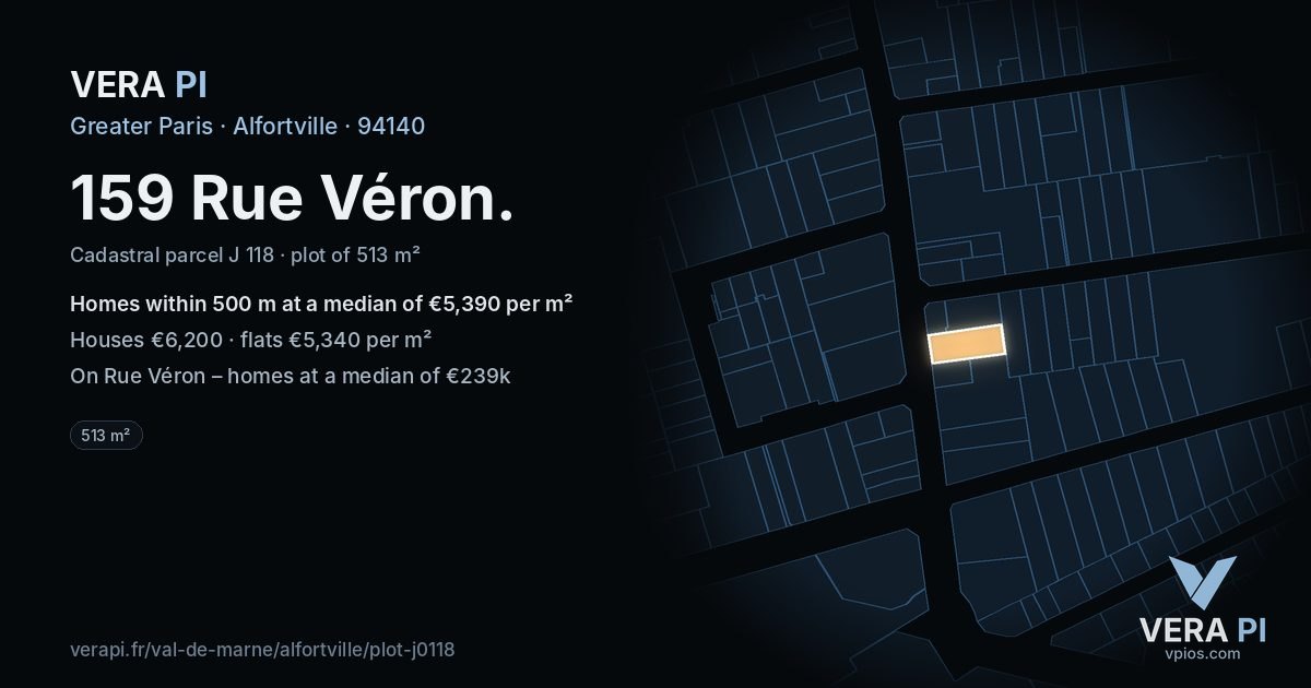 159 Rue Véron, Alfortville at night – the plot lit, the parcels around coloured by the prices near them