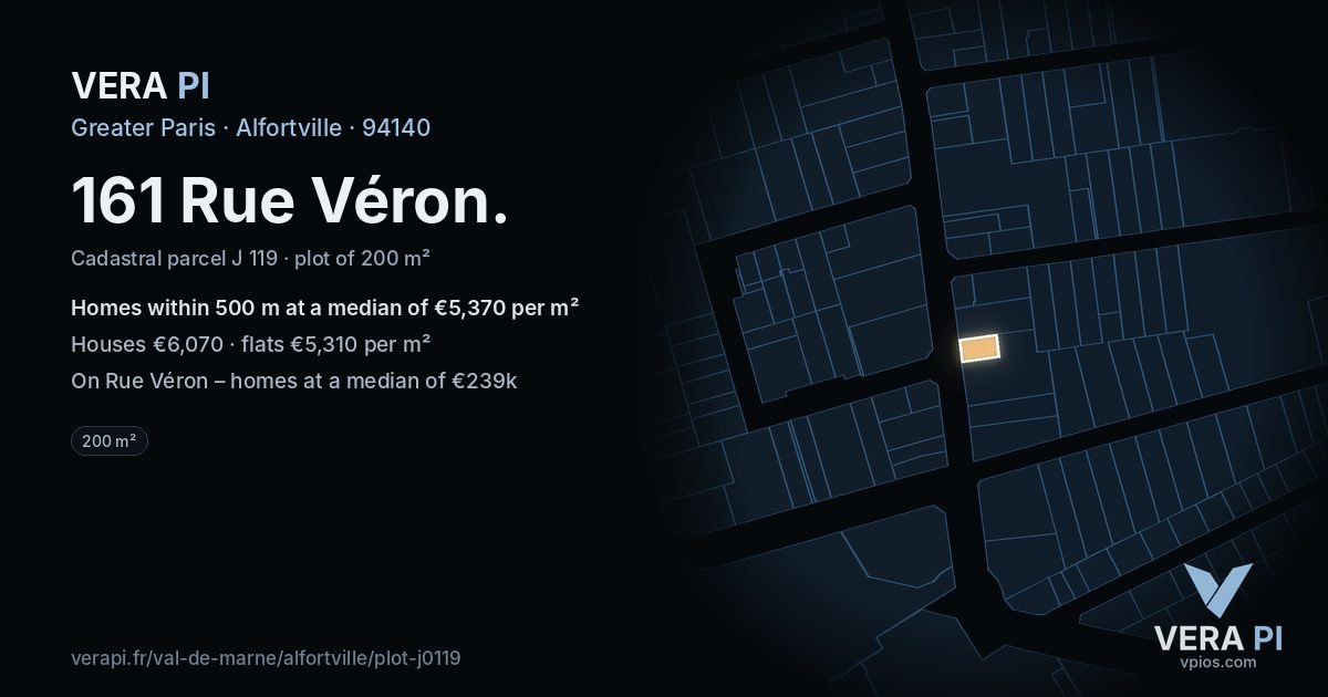 161 Rue Véron, Alfortville at night – the plot lit, the parcels around coloured by the prices near them