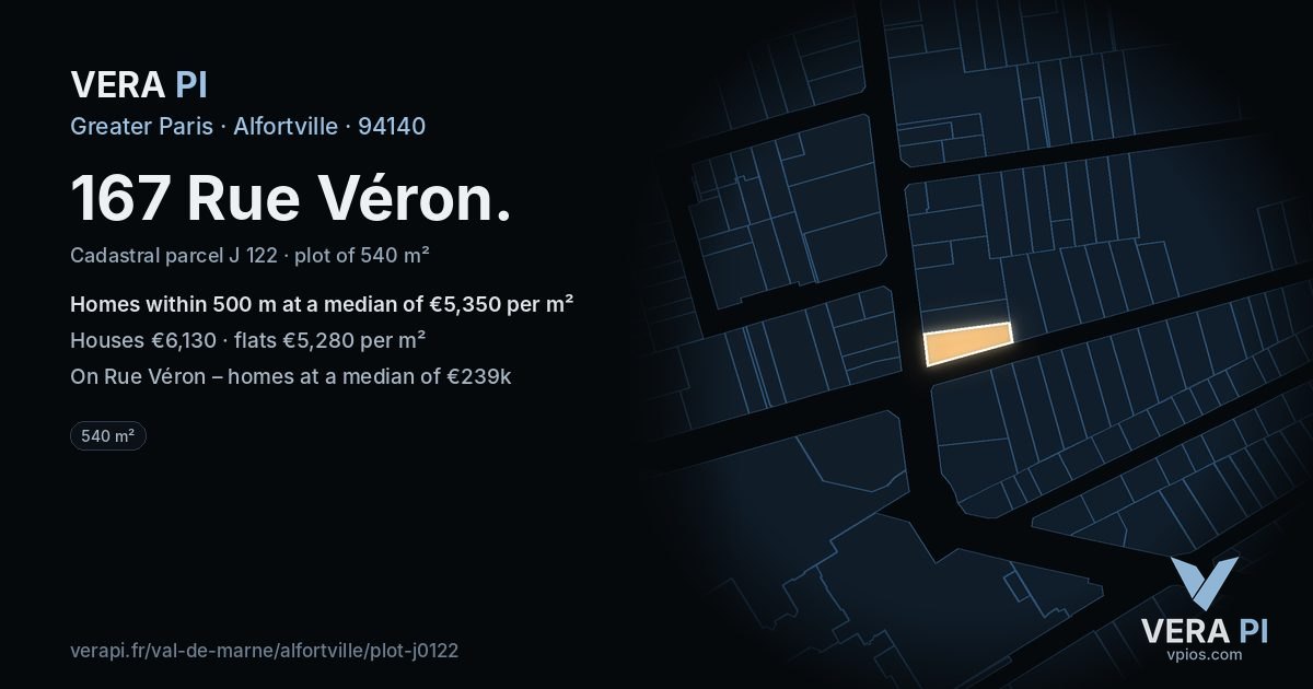 167 Rue Véron, Alfortville at night – the plot lit, the parcels around coloured by the prices near them