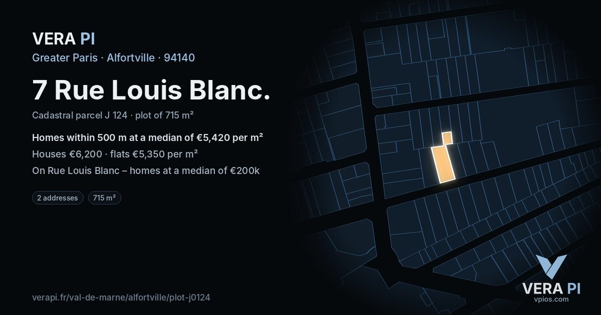 7 Rue Louis Blanc, Alfortville at night – the plot lit, the parcels around coloured by the prices near them
