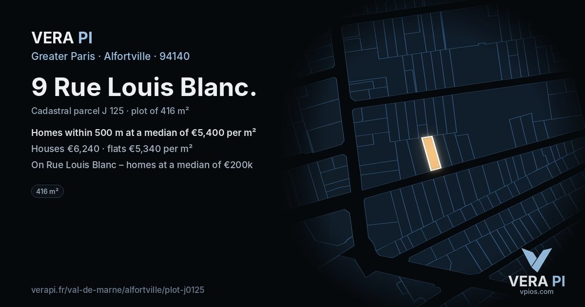 9 Rue Louis Blanc, Alfortville at night – the plot lit, the parcels around coloured by the prices near them