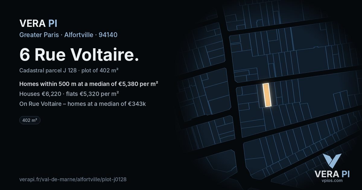 6 Rue Voltaire, Alfortville at night – the plot lit, the parcels around coloured by the prices near them