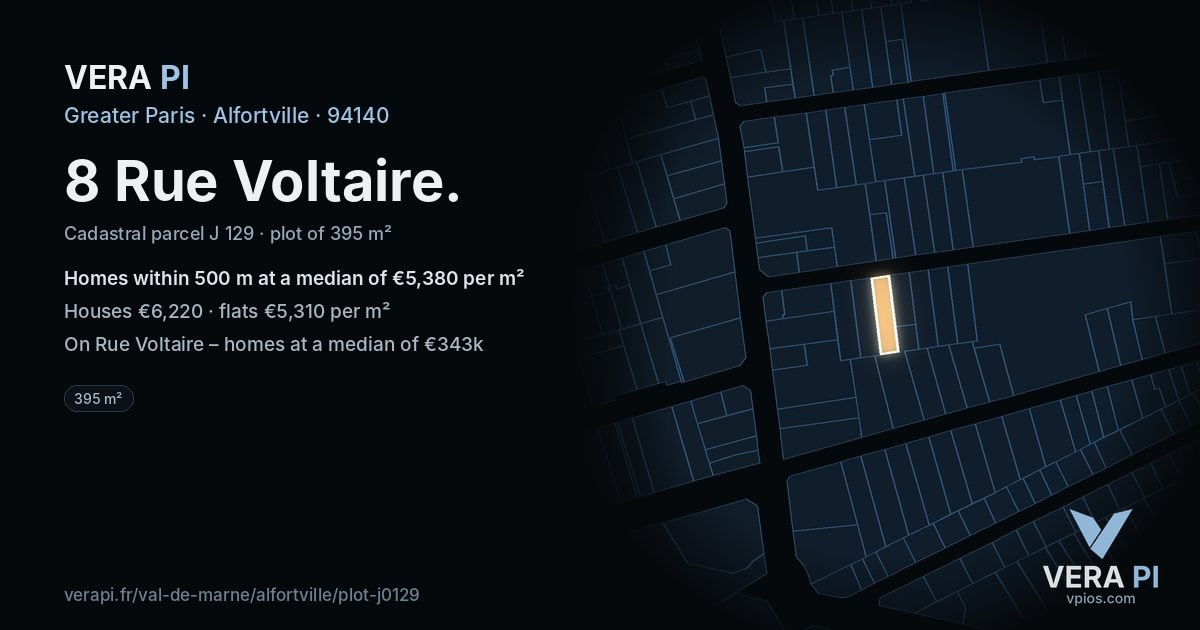 8 Rue Voltaire, Alfortville at night – the plot lit, the parcels around coloured by the prices near them
