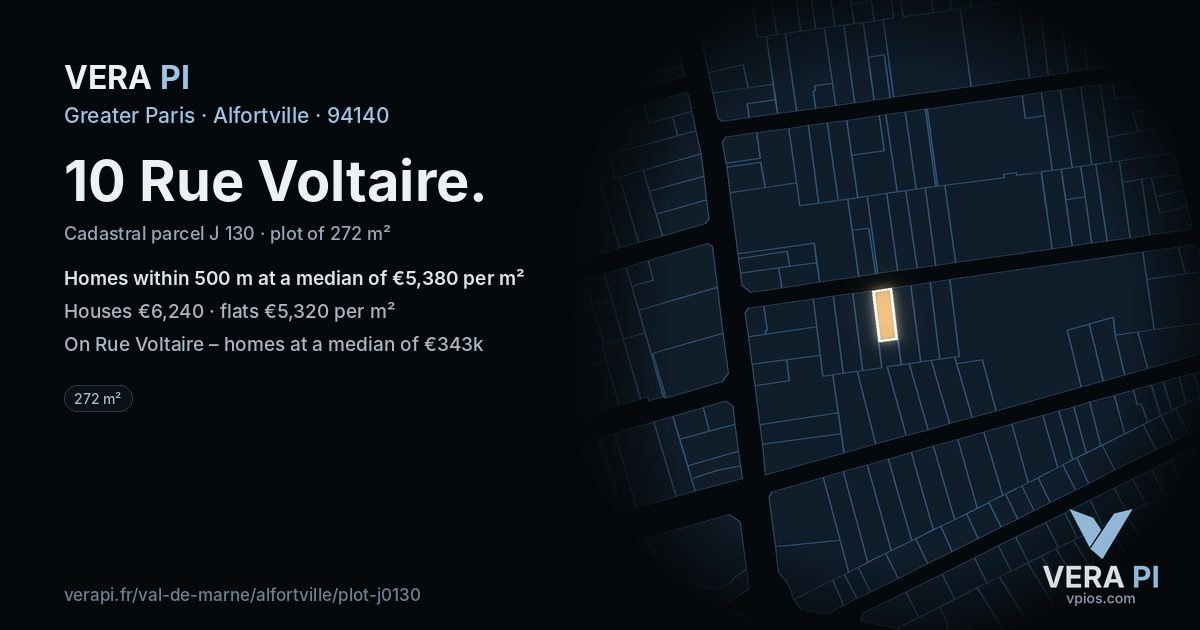 10 Rue Voltaire, Alfortville at night – the plot lit, the parcels around coloured by the prices near them