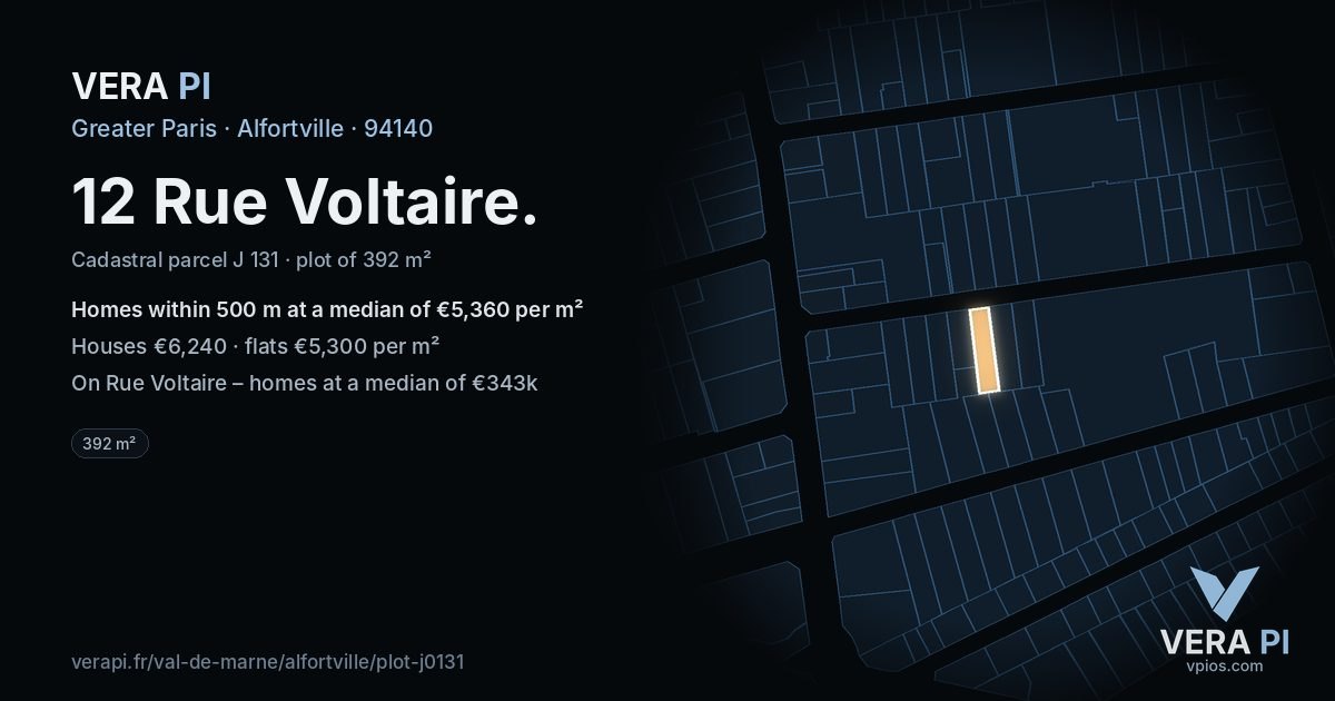 12 Rue Voltaire, Alfortville at night – the plot lit, the parcels around coloured by the prices near them
