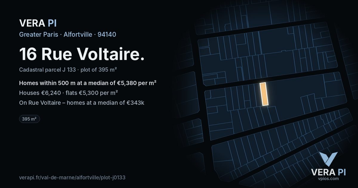 16 Rue Voltaire, Alfortville at night – the plot lit, the parcels around coloured by the prices near them
