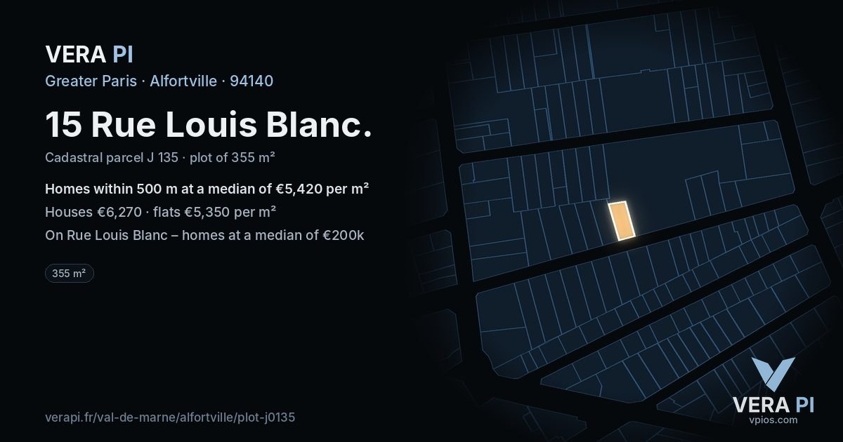 15 Rue Louis Blanc, Alfortville at night – the plot lit, the parcels around coloured by the prices near them