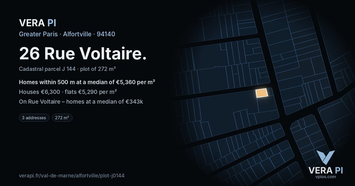 26 Rue Voltaire, Alfortville at night – the plot lit, the parcels around coloured by the prices near them