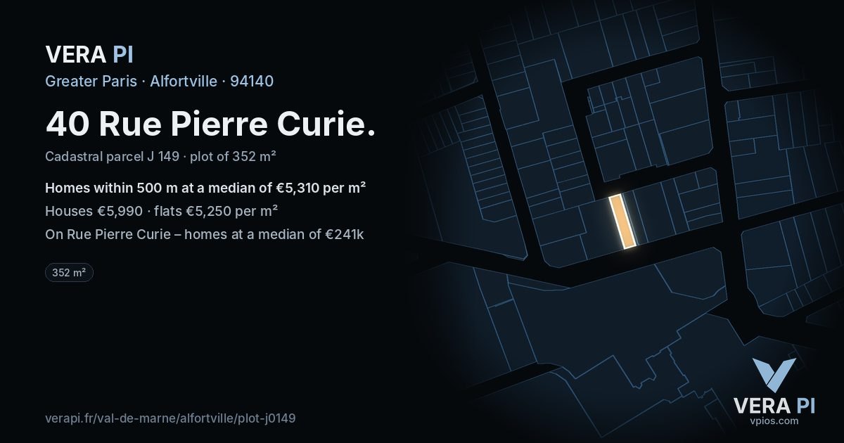 40 Rue Pierre Curie, Alfortville at night – the plot lit, the parcels around coloured by the prices near them