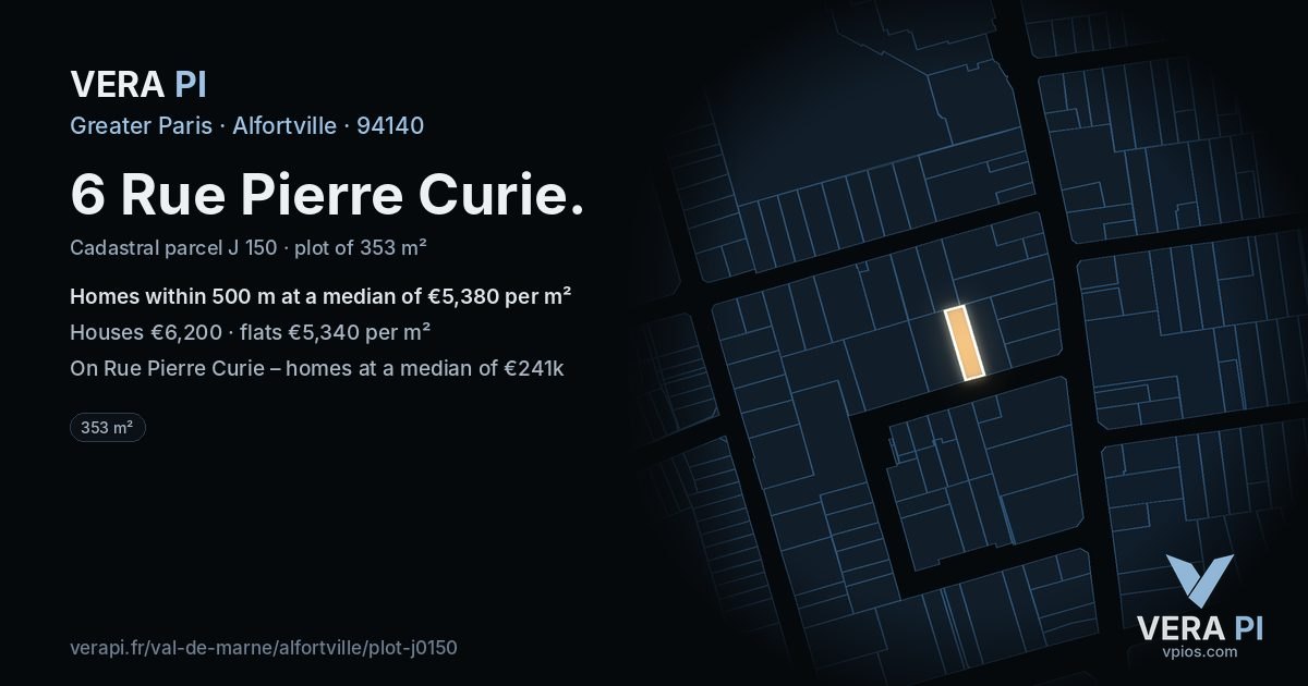 6 Rue Pierre Curie, Alfortville at night – the plot lit, the parcels around coloured by the prices near them