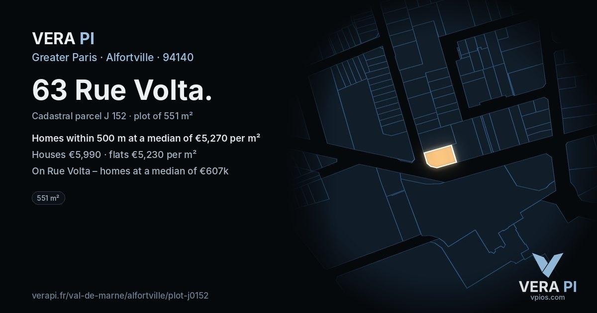 63 Rue Volta, Alfortville at night – the plot lit, the parcels around coloured by the prices near them