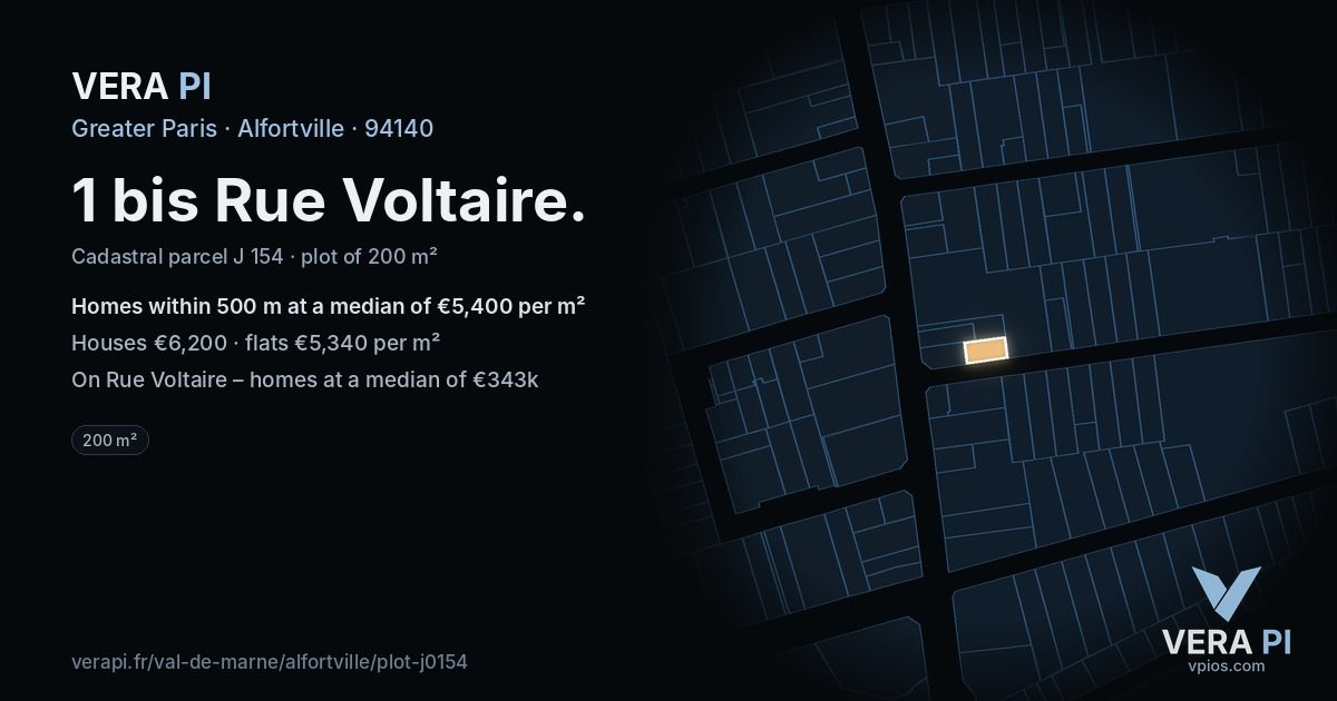 1 bis Rue Voltaire, Alfortville at night – the plot lit, the parcels around coloured by the prices near them
