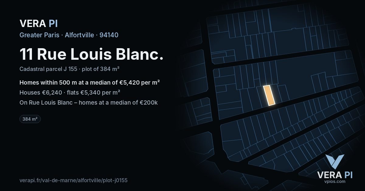 11 Rue Louis Blanc, Alfortville at night – the plot lit, the parcels around coloured by the prices near them