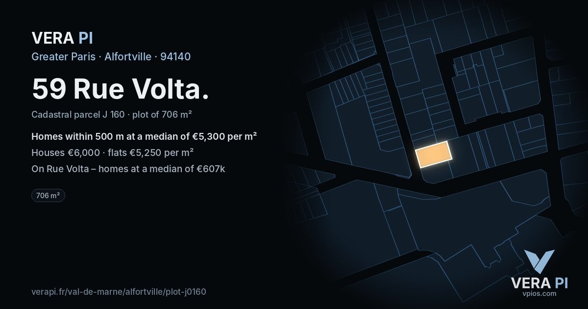 59 Rue Volta, Alfortville at night – the plot lit, the parcels around coloured by the prices near them