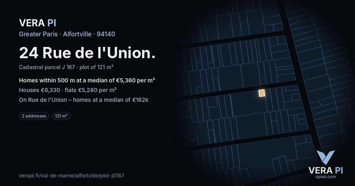 24 Rue de l'Union, Alfortville at night – the plot lit, the parcels around coloured by the prices near them