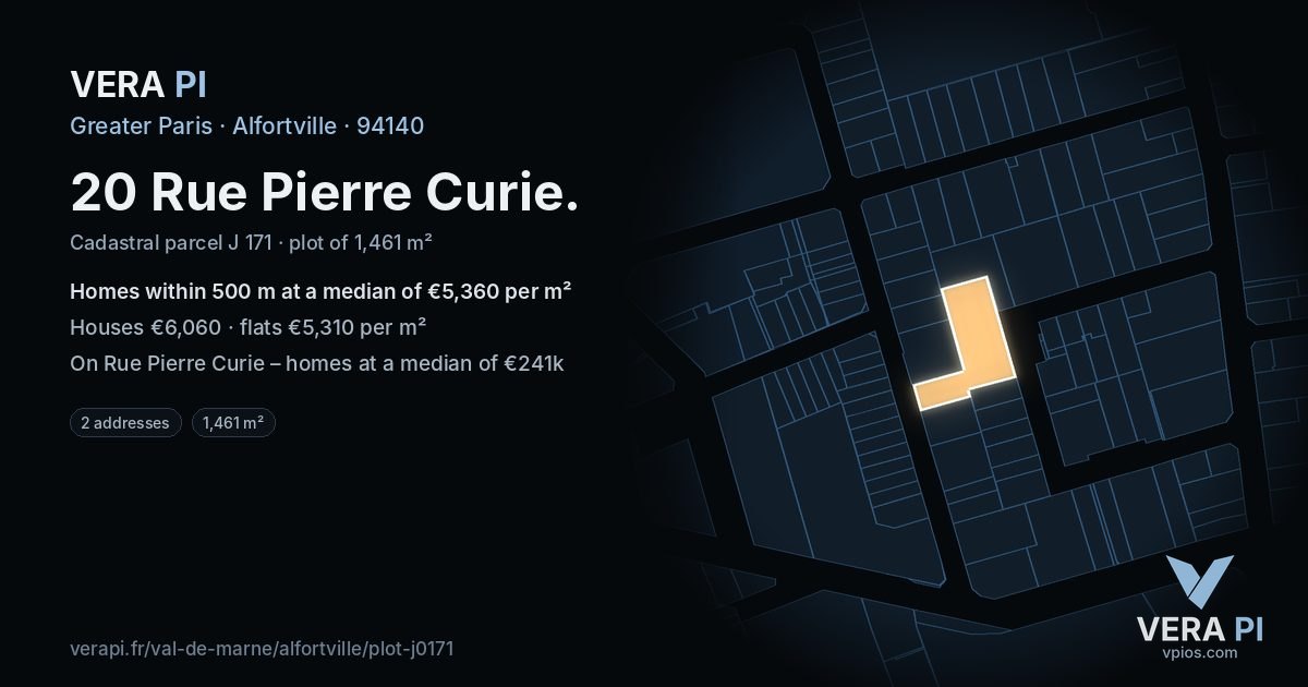 20 Rue Pierre Curie, Alfortville at night – the plot lit, the parcels around coloured by the prices near them