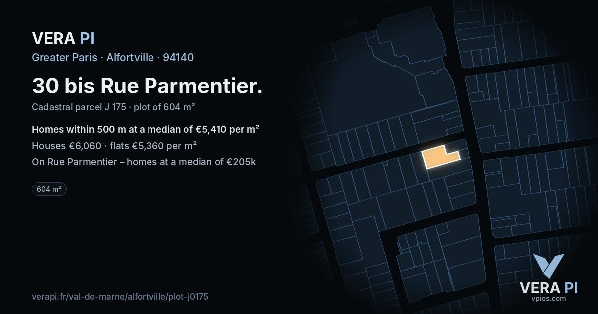 30 bis Rue Parmentier, Alfortville at night – the plot lit, the parcels around coloured by the prices near them