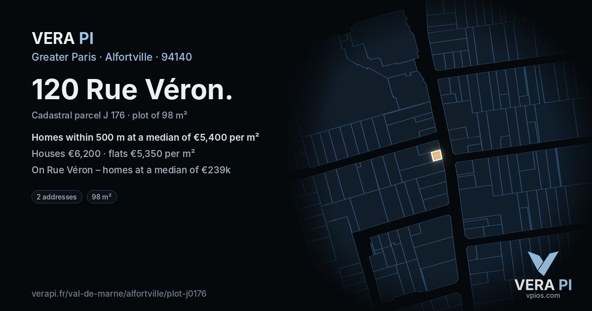 120 Rue Véron, Alfortville at night – the plot lit, the parcels around coloured by the prices near them