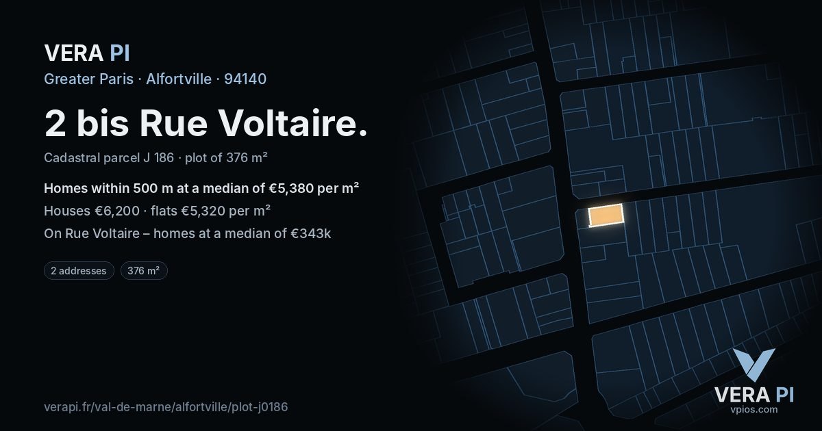 2 bis Rue Voltaire, Alfortville at night – the plot lit, the parcels around coloured by the prices near them