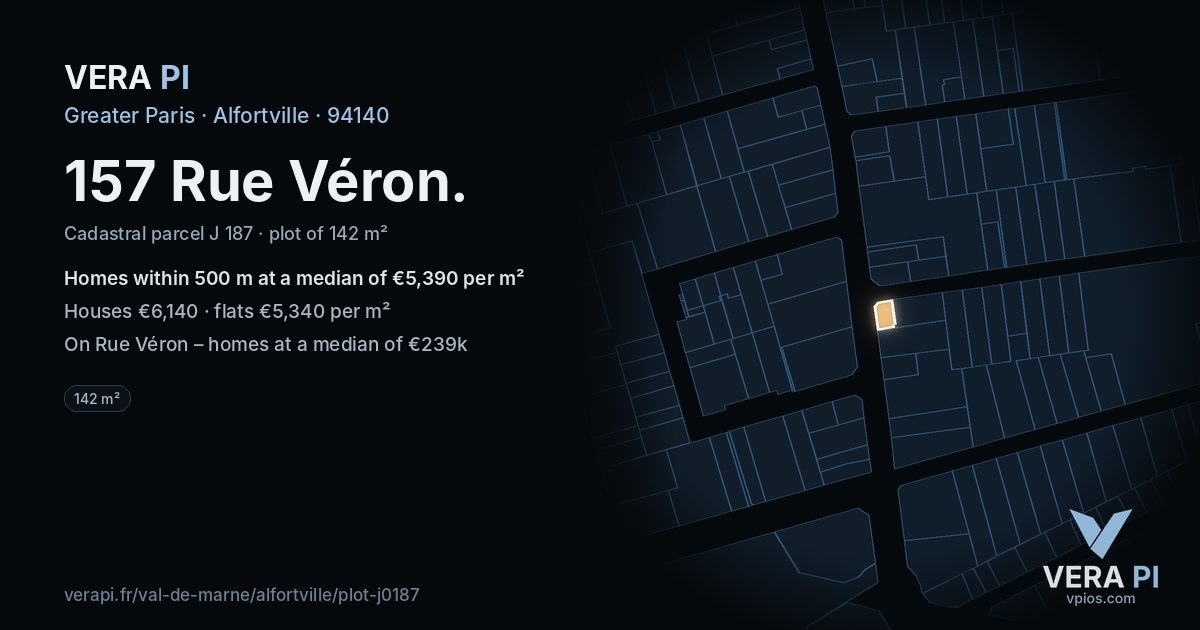 157 Rue Véron, Alfortville at night – the plot lit, the parcels around coloured by the prices near them