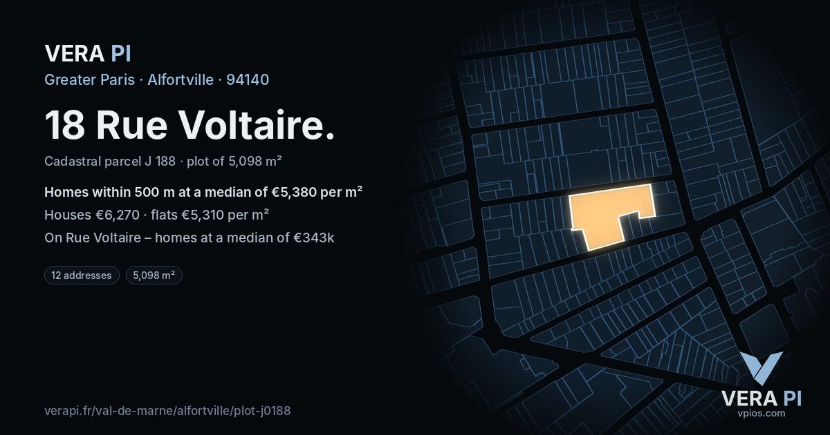 18 Rue Voltaire, Alfortville at night – the plot lit, the parcels around coloured by the prices near them