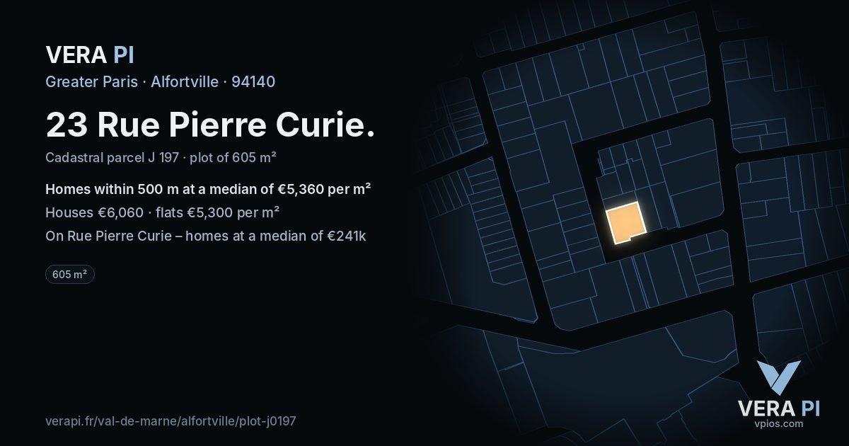 23 Rue Pierre Curie, Alfortville at night – the plot lit, the parcels around coloured by the prices near them