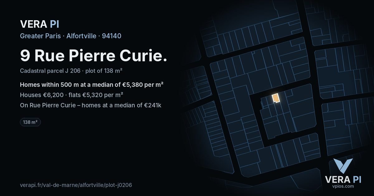 9 Rue Pierre Curie, Alfortville at night – the plot lit, the parcels around coloured by the prices near them