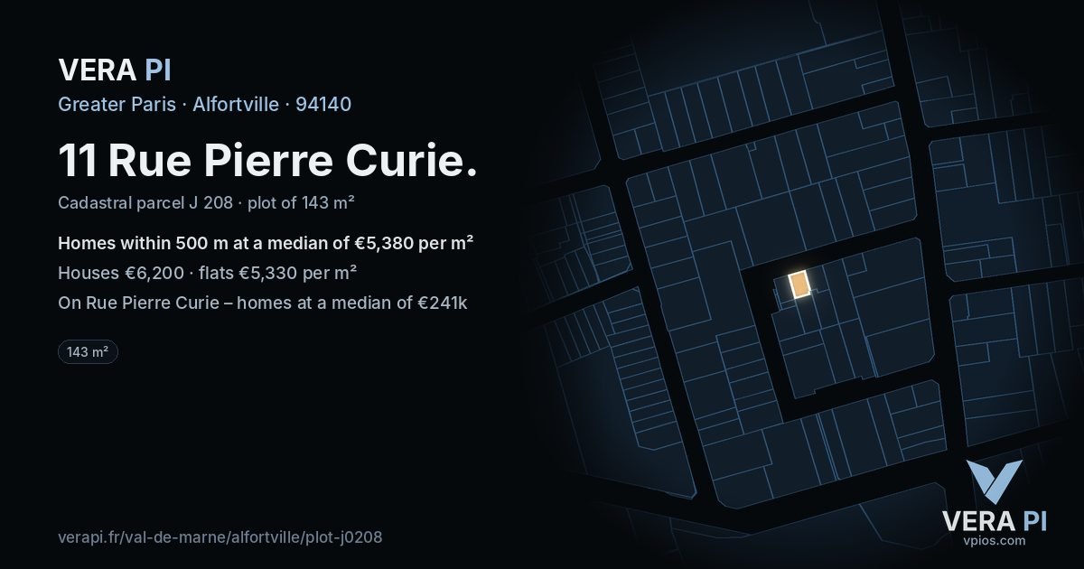 11 Rue Pierre Curie, Alfortville at night – the plot lit, the parcels around coloured by the prices near them