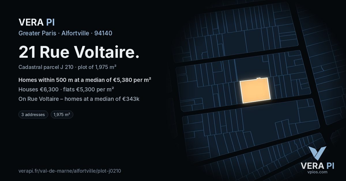 21 Rue Voltaire, Alfortville at night – the plot lit, the parcels around coloured by the prices near them