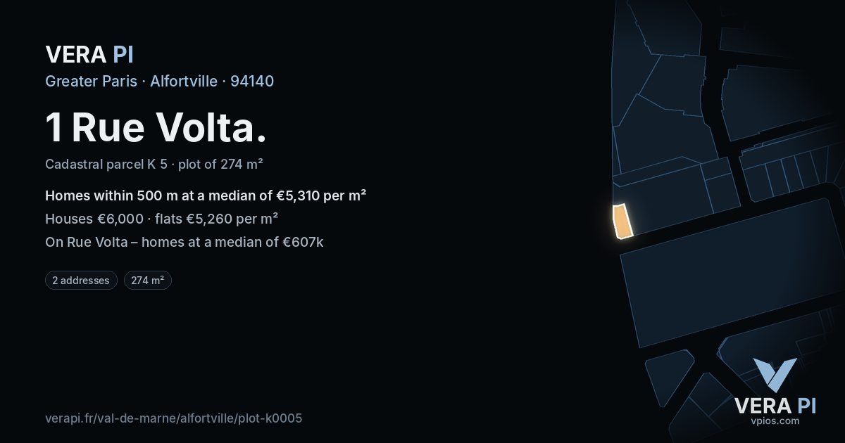 1 Rue Volta, Alfortville at night – the plot lit, the parcels around coloured by the prices near them