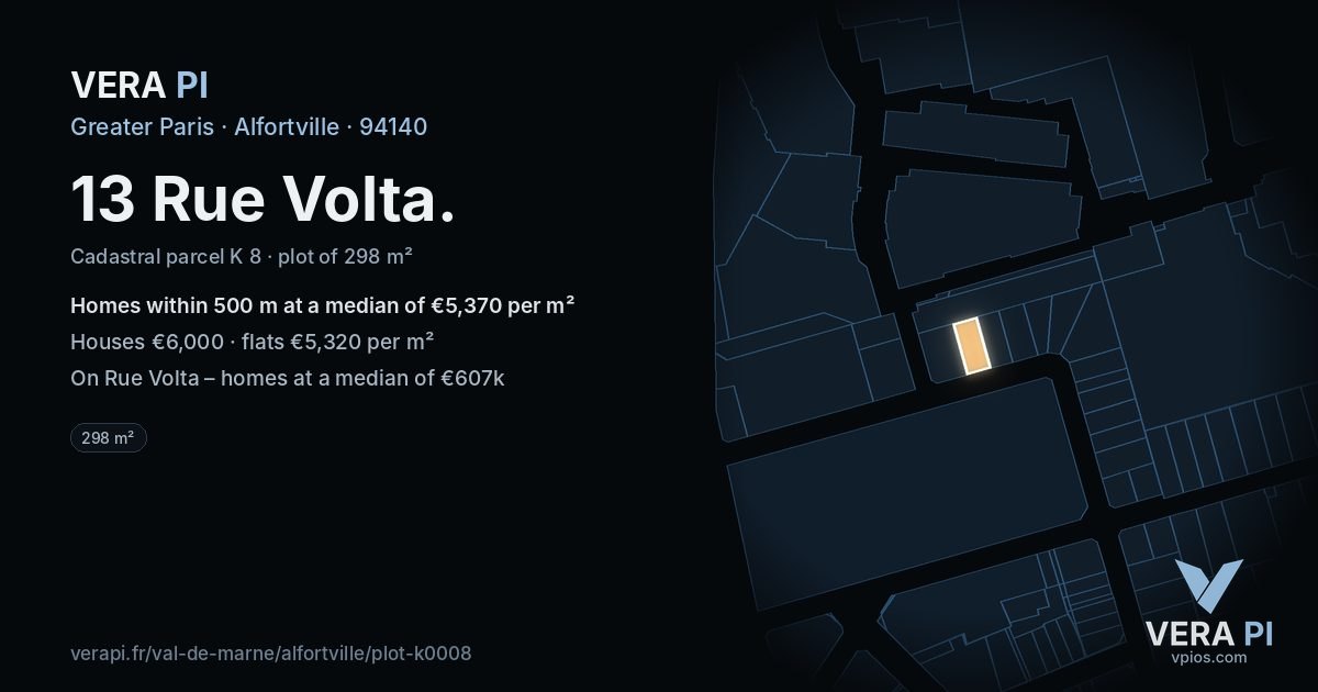 13 Rue Volta, Alfortville at night – the plot lit, the parcels around coloured by the prices near them
