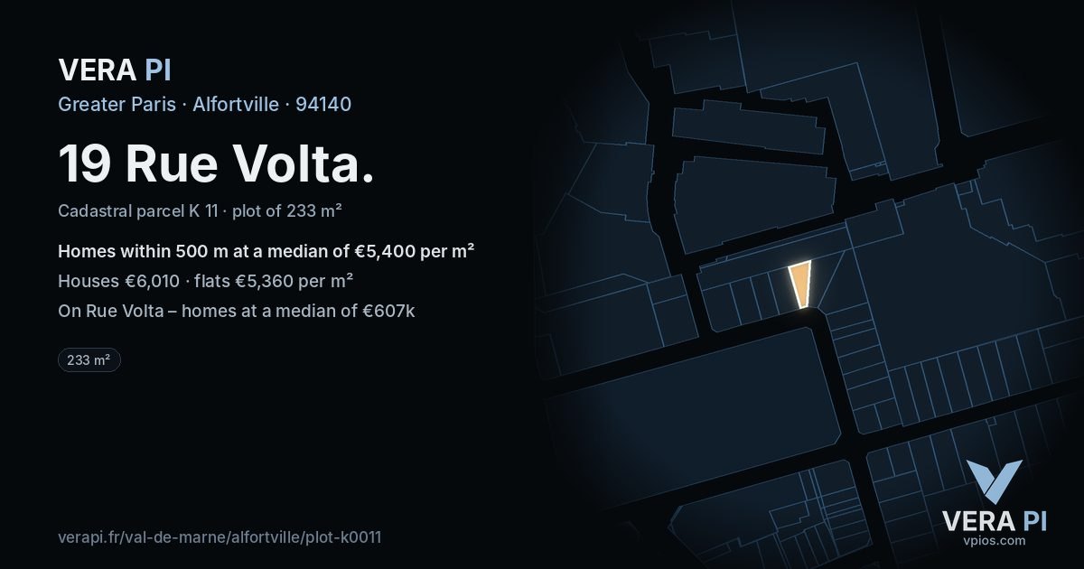 19 Rue Volta, Alfortville at night – the plot lit, the parcels around coloured by the prices near them