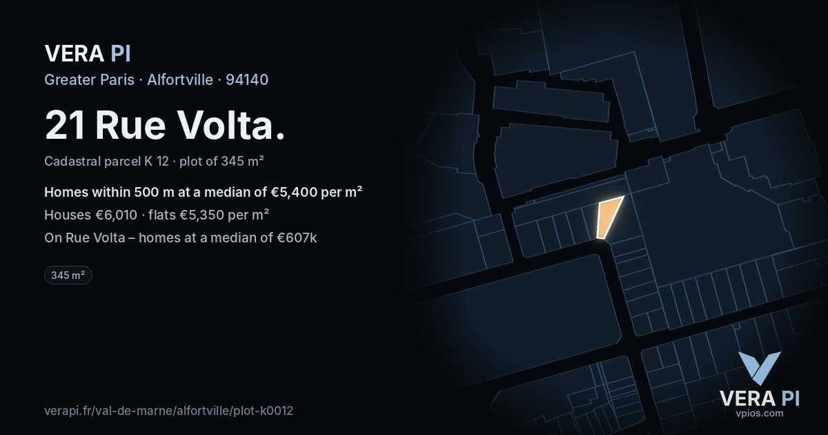 21 Rue Volta, Alfortville at night – the plot lit, the parcels around coloured by the prices near them