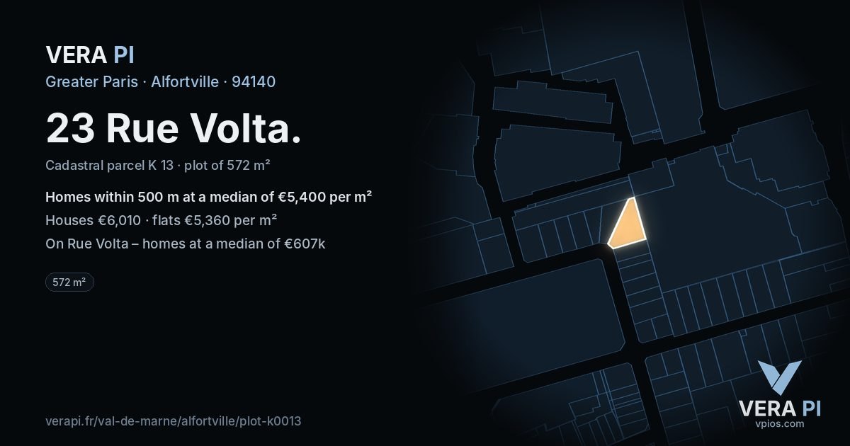 23 Rue Volta, Alfortville at night – the plot lit, the parcels around coloured by the prices near them