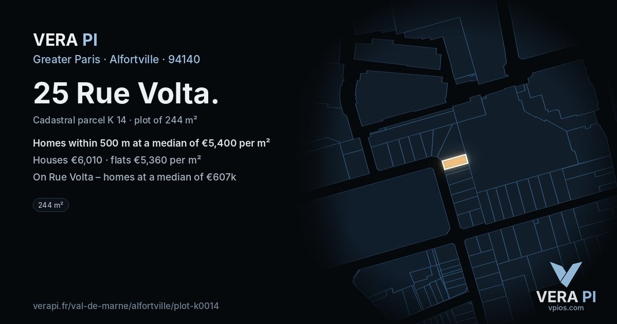 25 Rue Volta, Alfortville at night – the plot lit, the parcels around coloured by the prices near them