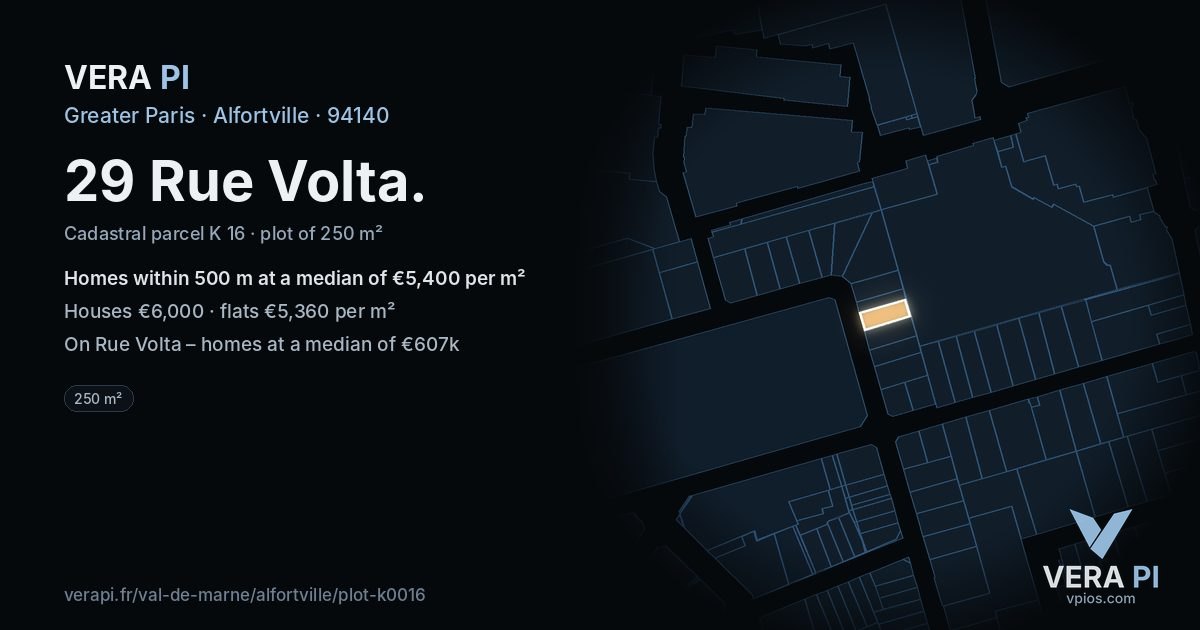 29 Rue Volta, Alfortville at night – the plot lit, the parcels around coloured by the prices near them