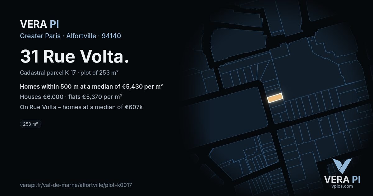31 Rue Volta, Alfortville at night – the plot lit, the parcels around coloured by the prices near them
