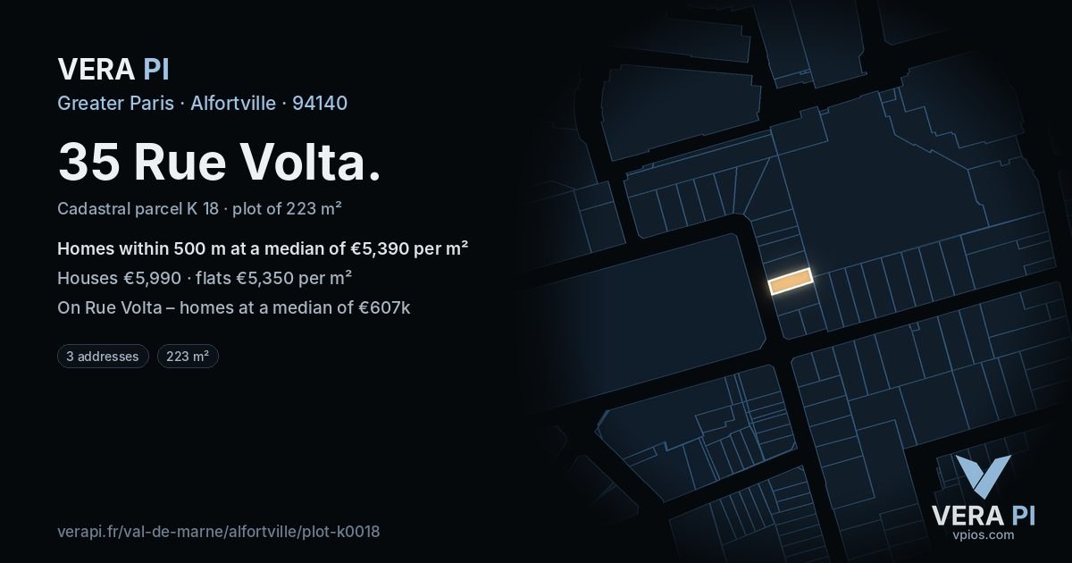 35 Rue Volta, Alfortville at night – the plot lit, the parcels around coloured by the prices near them