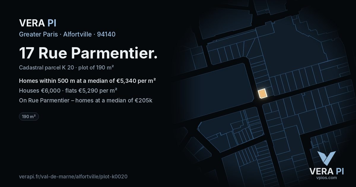 17 Rue Parmentier, Alfortville at night – the plot lit, the parcels around coloured by the prices near them