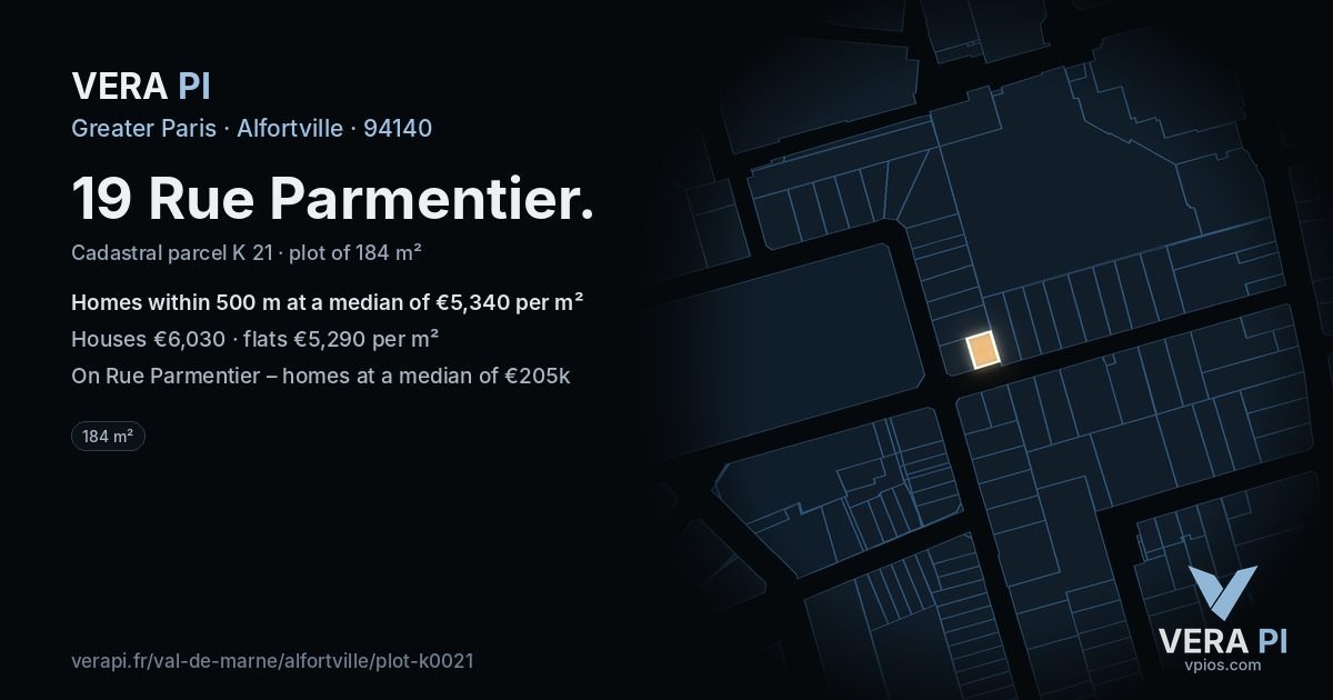 19 Rue Parmentier, Alfortville at night – the plot lit, the parcels around coloured by the prices near them