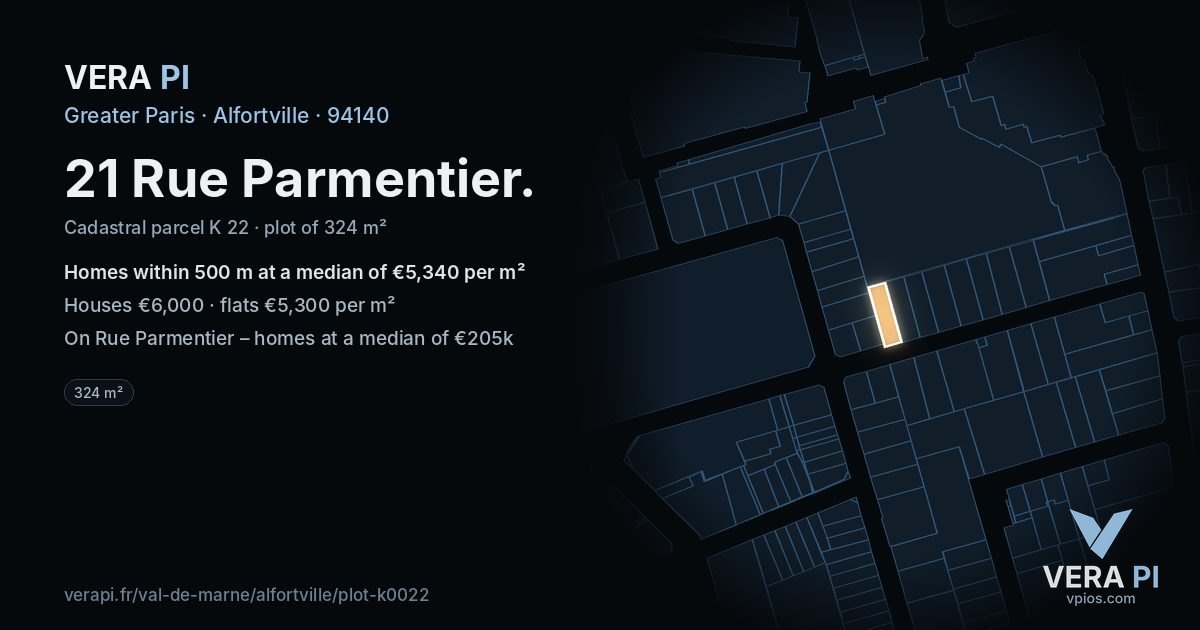 21 Rue Parmentier, Alfortville at night – the plot lit, the parcels around coloured by the prices near them