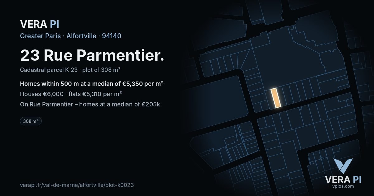 23 Rue Parmentier, Alfortville at night – the plot lit, the parcels around coloured by the prices near them