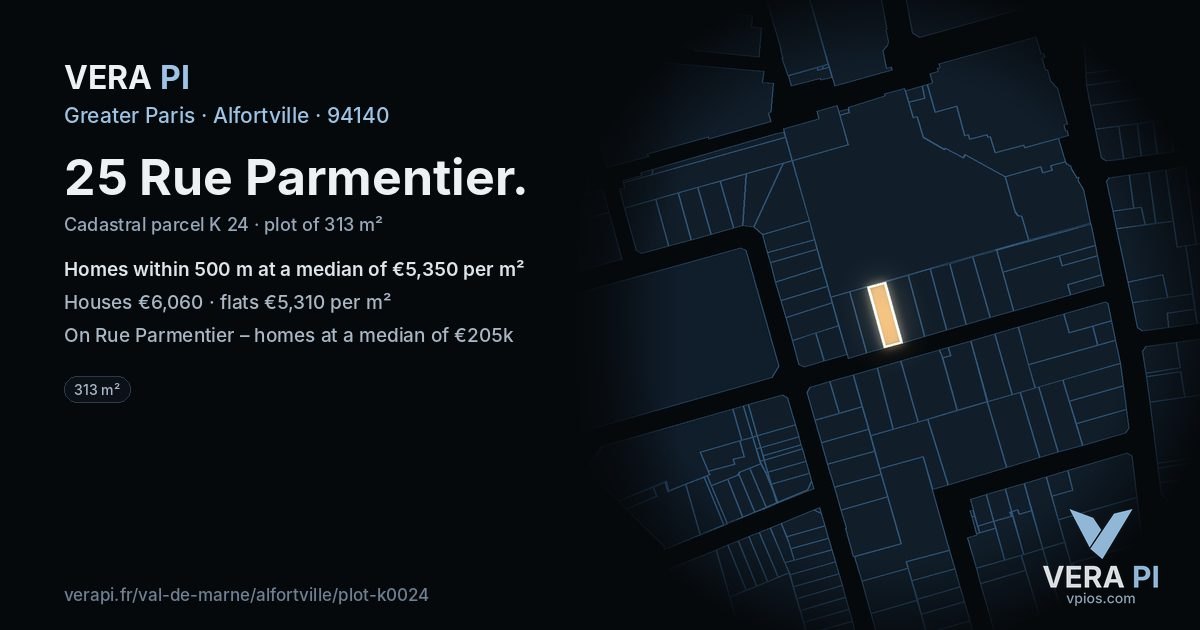 25 Rue Parmentier, Alfortville at night – the plot lit, the parcels around coloured by the prices near them